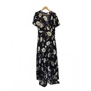 Lulus Ladies Navy Floral Wrap Dress Short Sleeve High Low Hem  100% Rayon